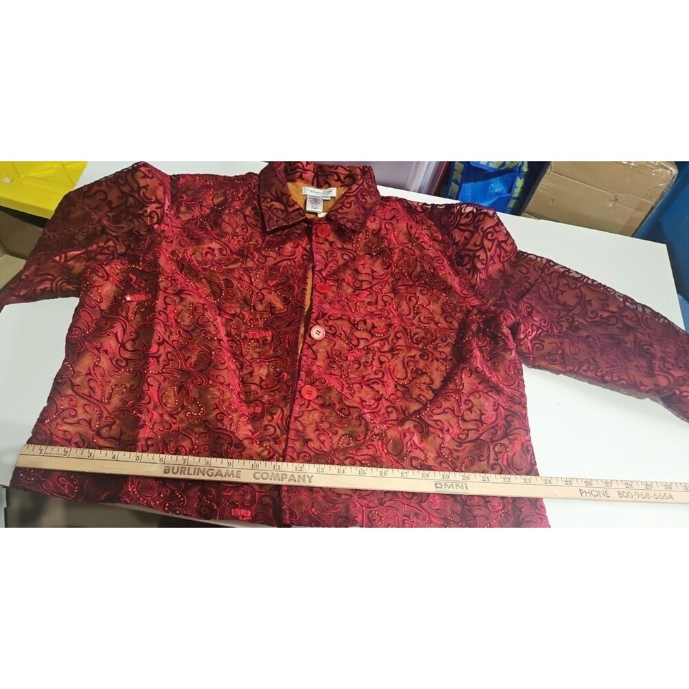NEW COLDWATER CREEK SZ pxl RED EMBROIDERED/BEADED/SEQUINED/SCROLL FLOCKED JACKET